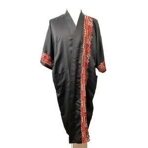 Vtg TOUCH OF CLASS Satin Embroidered Kimono ROBE Black Red Tribal Boho Geometric